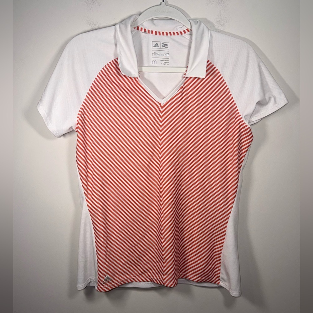 adidas White & Red Collar V Neck Short-Sleeve Striped Golf Polo Tee Size Medium